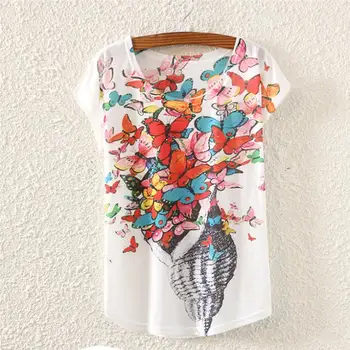 Novinka Conch motýľ vytlačené letné tričko dámske top tees nový príchod dievčatá t-shirt krátke rukávy tričko doprava zadarmo