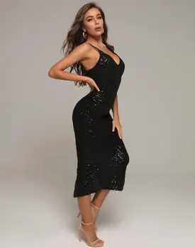 Sexy V Krku Oka Flitrami Trblietavý Lesk Midi Koleno Dĺžke Ženy BodyconDress 2020 Elegantné Večerné Party Šaty Vestidos